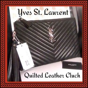 St. Laurent Leather Matelassé' Chevron Zippered Cluch NWT